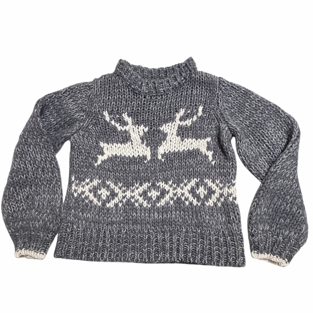 FREE PEOPLE Reindeer Sweater Gray Ivory Chunky Knit Size Large